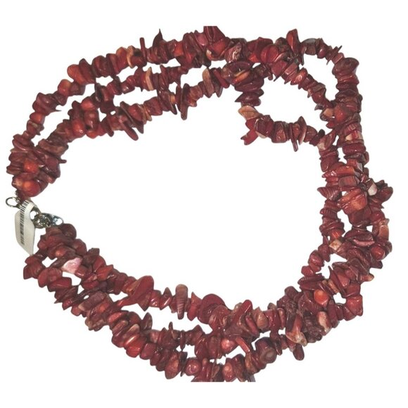 Vintage Necklace Red Coral Chip Beaded Three-Strand Statement 7.5" - Picture 2 of 7